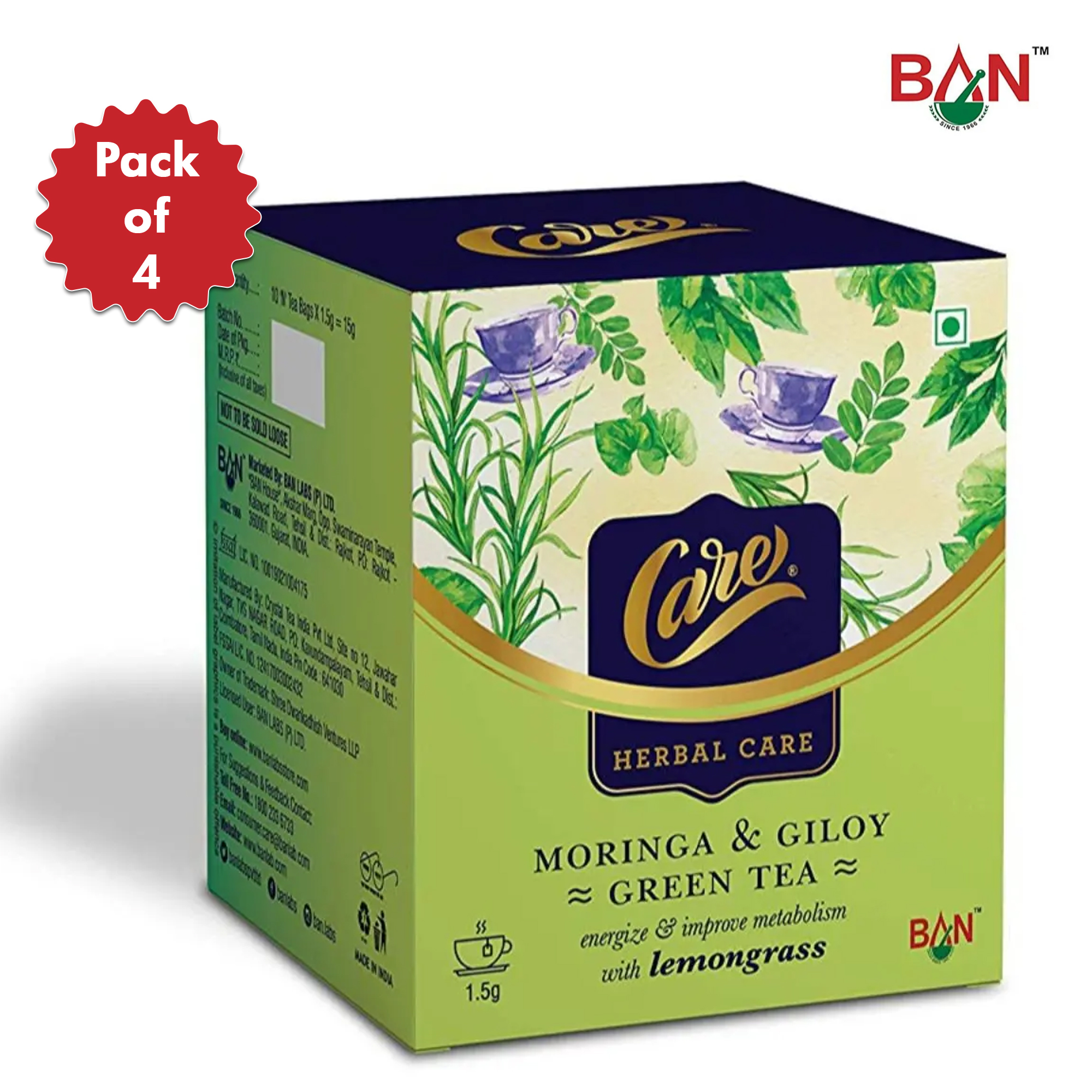 Care Moringa & Giloy Green Tea with Lemongrass (10 Sachets) - Pack of 4
