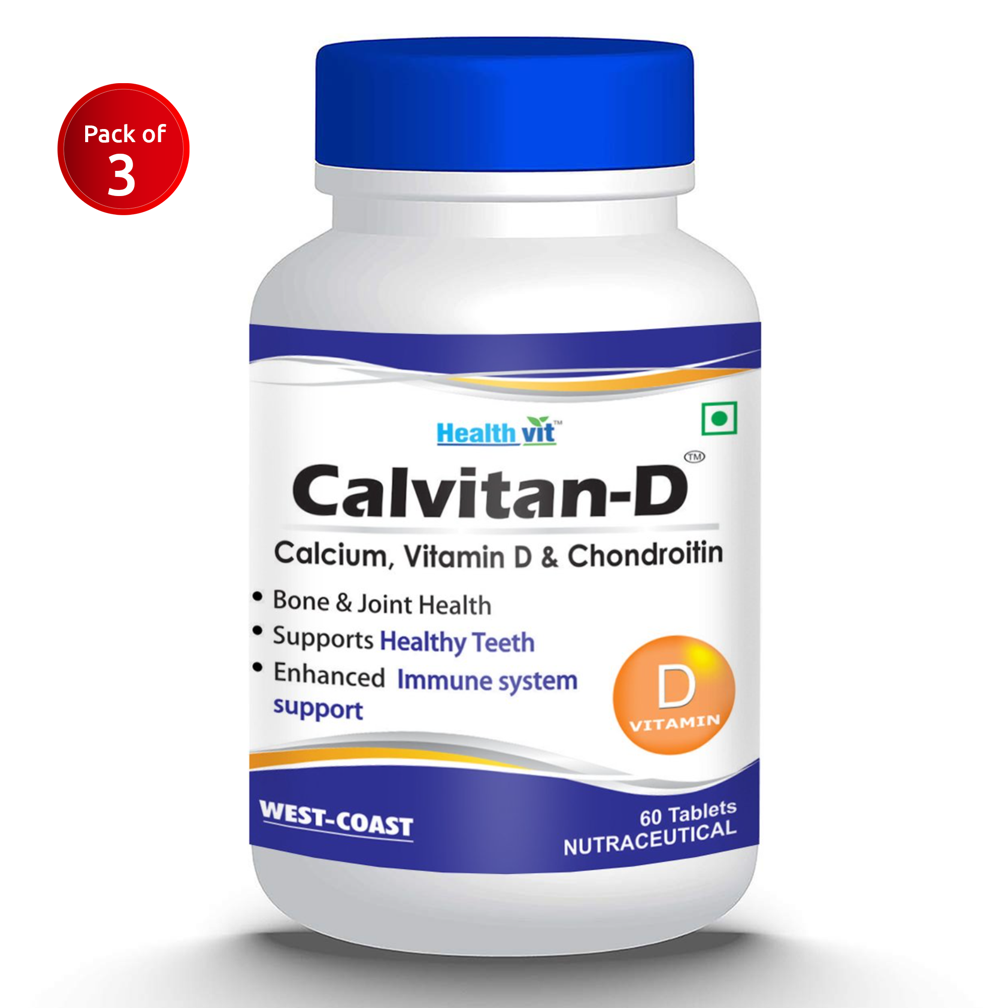 Healthvit Calvitan-D3 (Calcium and Vitamin D3 Tablets) 60 Tablets Pack of 3