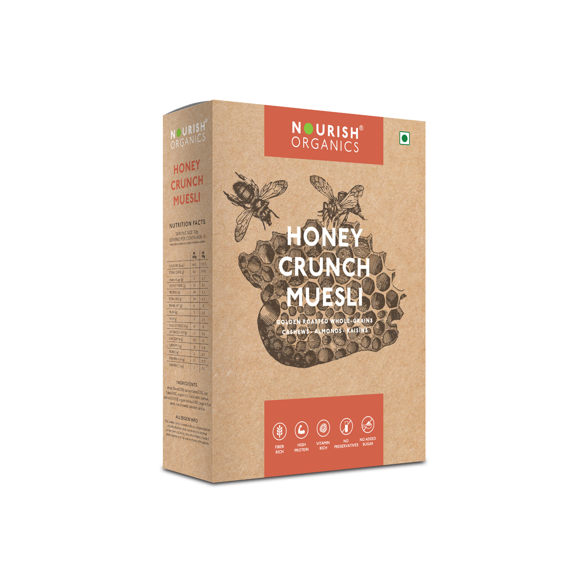 Nourish Organics Honey Crunchy Muesli (300gms) - Nutritious & Delicious Morning - Pack of 2