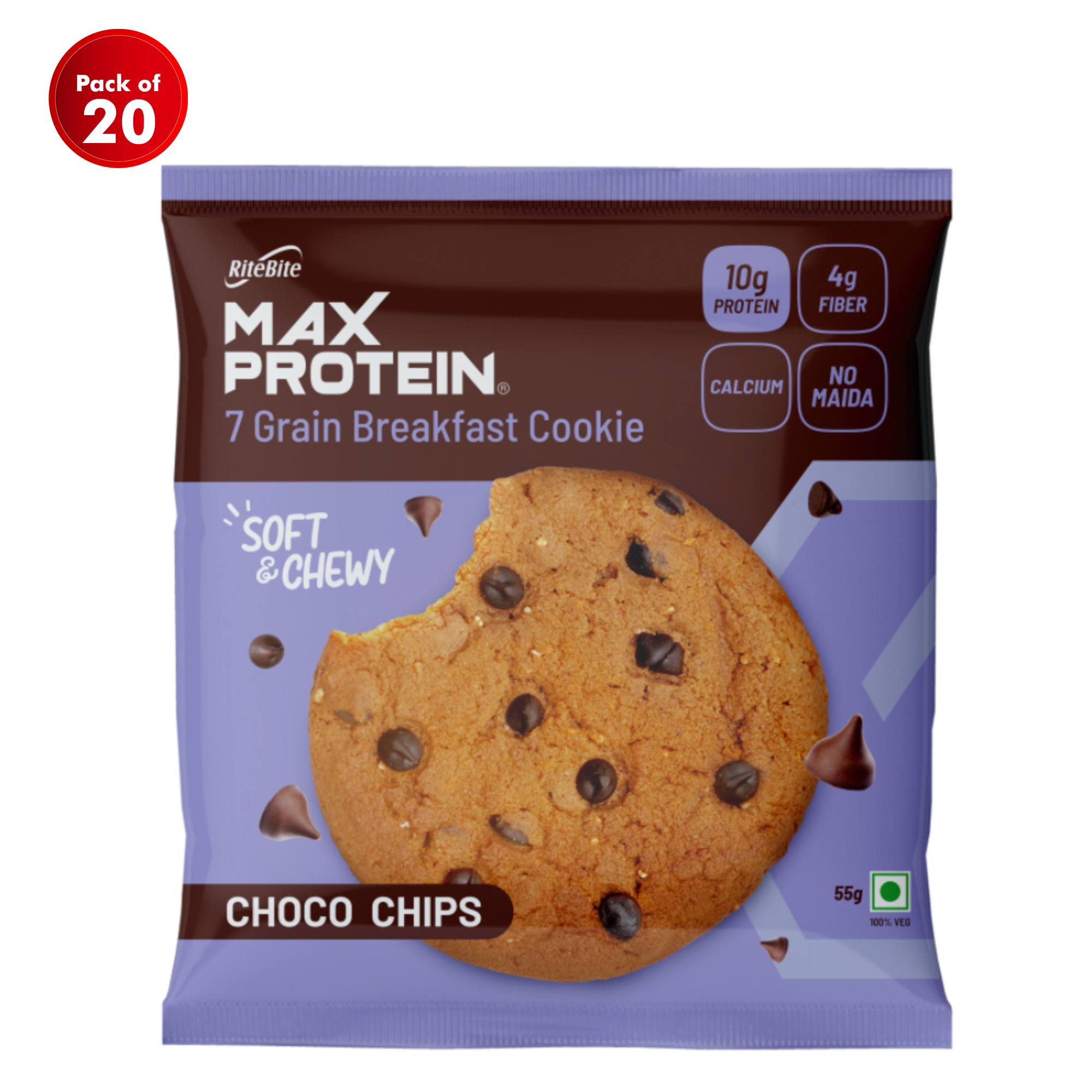 RiteBite Max Protein 7 Grain Breakfast Cookie (Choco Chips Flavour) 55g Pack of 20