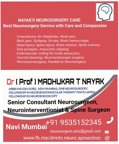 NAYAK'S  NEUROSURGERY CARE [ DR (PROF) MADHUKAR T NAYAK,  BEST NEUROINTERVENTIONIST BEST NEUROSURGEON BEST SPINE SURGEON IN MUMBAI AND NAVI MUMBAI]
