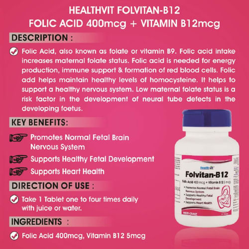 Healthvit Folvitan B12 Folic Acid 400 Mcg Vitamin B12 5 Mcg 60 Tablets 7558